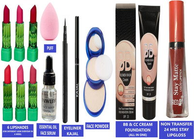 INWISH BASIC MAKEUP COMBO SET PACK OF 13 PIECES WITH 6 PIECES MATTE LIPSTICK,FACE SERUM ESSENTAIL OIL FOR SKIN & WATERPROOF ALL DAY STAY NON TRANSFER LIQUID LIPGLOSS WITH FACE & BODY FOUNDATION,WATERPROOF EYELINER,KAJAL,FACE POWDER,MAKEUP PUFF SPONGE BLENDER(Pack of 13) INWISH BASIC MAKEUP COMBO SET PACK OF 13 PIECES WITH 6 PIECES MATTE LIPSTICK,FACE SERUM ESSENTAIL OIL FOR SKIN & WATERPROOF ALL DAY STAY NON TRANSFER LIQUID LIPGLOSS WITH FACE & BODY FOUNDATION,WATERPROOF EYELINER,KAJAL,FACE POWDER,MAKEUP PUFF SPONGE BLENDER(Pack of 13)