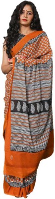 NIKHILAM Printed Handloom Pure Cotton Saree(Orange)