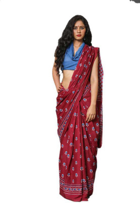 NIKHILAM Floral Print Handloom Pure Cotton Saree(Maroon)