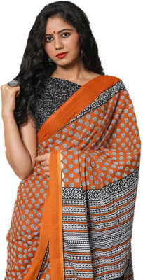 JAIPURI BLOCK PRINT Printed Daily Wear Pure Cotton Saree(Orange, Grey)