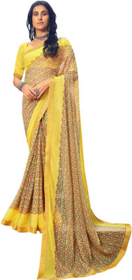Pbs Prints Floral Print Bollywood Silk Blend, Chiffon Saree(Yellow)