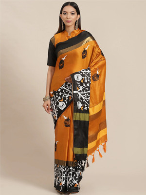 Divastri Embroidered Handloom Cotton Silk Saree(Yellow)