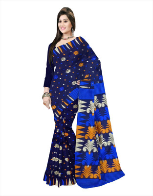 Pradip Fabrics Floral Print Jamdani Cotton Silk Saree(Blue)