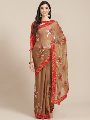 Divastri Embroidered Bollywood Chiffon Saree(Beige)