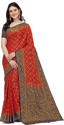 COSBILA FASHION Woven Banarasi Cotton Silk Saree(Red, Blue)