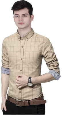 Clusy Men Checkered Casual Beige Shirt