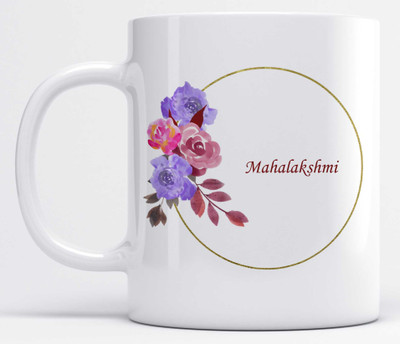 LOROFY Name Mahalakshmi Printed Floral Design Ceramic Coffee Mug(350 ml)