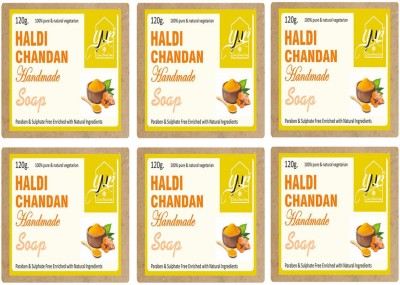 YNB YOURS NATURAL BUDDY Organic Haldi Chandan Handmade SLS & Paraben Free Soap, Pack of 6, With Free Loofah(6 x 120 g)