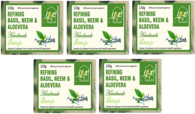 YNB YOURS NATURAL BUDDY Organic Basil, Neem & Aloevera Handmade SLS & Paraben Free Soap, Pack of 5, With Free Loofah(5 x 120 g)