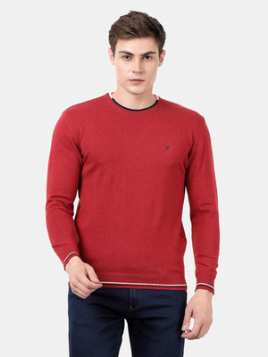 t-base Solid Round Neck Casual Men Red Sweater
