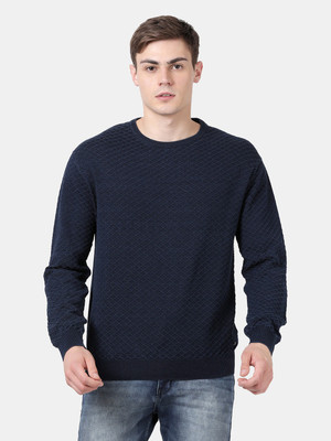 t-base Self Design Round Neck Casual Men Blue Sweater
