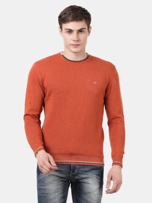 t-base Solid Round Neck Casual Men Orange Sweater