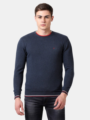 t-base Solid Round Neck Casual Men Blue Sweater