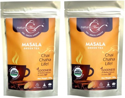 Nature Chai Masala Green Tea Pure & Light Loose Green Tea Leaves 100gx2 (Total 200g)Pack, All Natural Flavour, Zero Calories - Improves Metabolism & Reduces Waist In Zip Pack Herbs Tea Pouch(2 x 100 g)