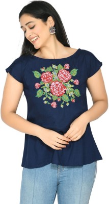 AKIYA Casual Embroidered Women Blue Top