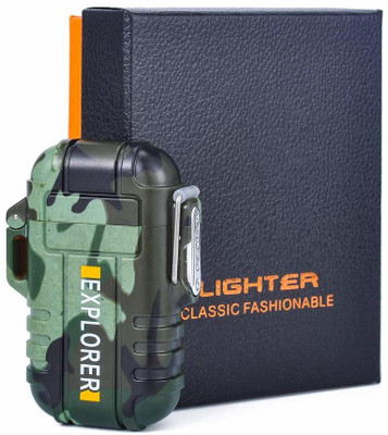 MOOZMOB WATERPROOF EXPLORER Double Arc Plasma Flameless Electric Cigarette Lighter Windproof Rechargeable USB Lighter Mini Electric Slim Cigarette USB Lighter Cigarette Lighter(Military Green)
