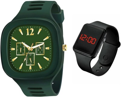 Boro Miller Plain Green Silicon Strep with Free Black Square Digital Led Analog-Digital Watch  - For Men