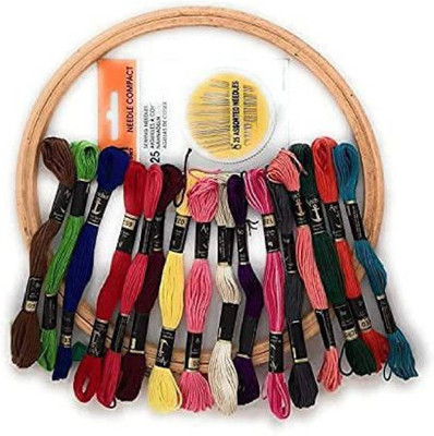 Lucknow Crafts Special Combo Pack of 1 Embroidery hoop frame + 15 Multicolored Cotton Skein Threads 8m each + 30 Needles Compact for Embroidery and Art Craft Work