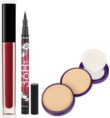 Dave 2 In 1 Matte Compact With Red Matte Lipstick & 36H Black Waterproof Eyeliner(3 Items in the set)