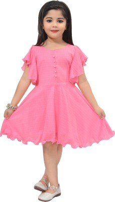 Barkat Girls Midi/Knee Length Casual Dress(Pink, Short Sleeve)