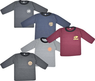 Jisha Boys Self Design Cotton Blend Regular T Shirt(Multicolor, Pack of 5)
