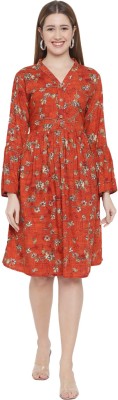 indietoga Women Floral Print Flared Kurta(Orange)