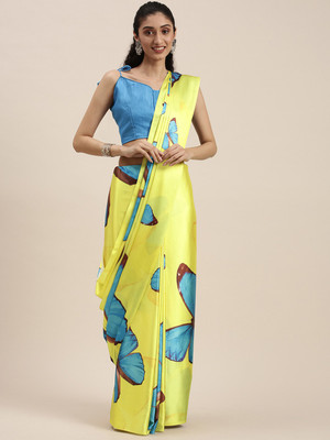 Kimisha Printed Bollywood Satin Saree(Yellow)
