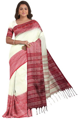 SAHA TEXTILE Printed Bollywood Cotton Blend, Pure Silk Saree(White)