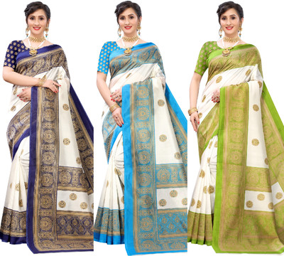 Fabwomen Printed Mysore Art Silk Saree(Pack of 3, Dark Blue, Blue, Light Green)