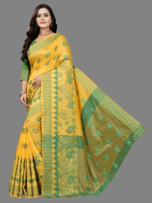 MAHIJA SAREE Self Design Banarasi Cotton Silk, Pure Cotton Saree(Yellow)