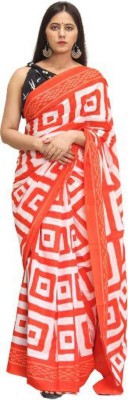 NIKHILAM Graphic Print Handloom Pure Cotton Saree(White, Orange)