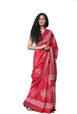 NIKHILAM Printed Handloom Pure Cotton Saree(Red)