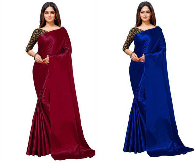 SHREEJI ENTERPRISE Solid/Plain Banarasi Satin Saree(Pack of 2, Maroon, Blue)