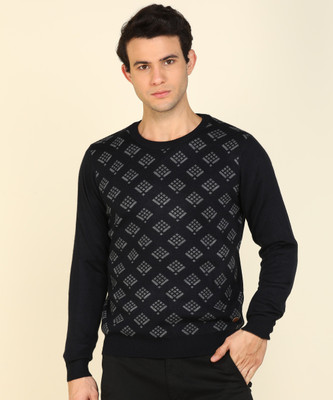 Raymond Self Design Round Neck Casual Men Black Sweater