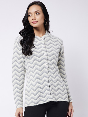 Rivza Chevron/Zig Zag Round Neck Casual Women Grey Sweater