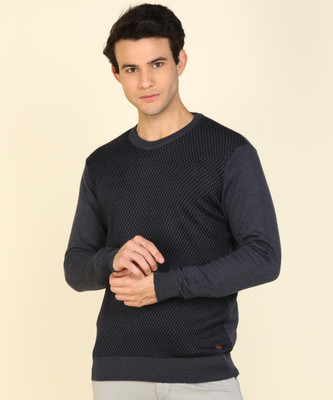 Raymond Self Design Round Neck Casual Men Blue Sweater