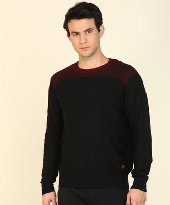 Raymond Self Design Round Neck Casual Men Black Sweater