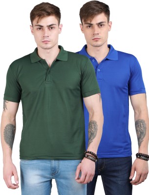 OZIO Solid Men Polo Neck Dark Blue, Green T-Shirt