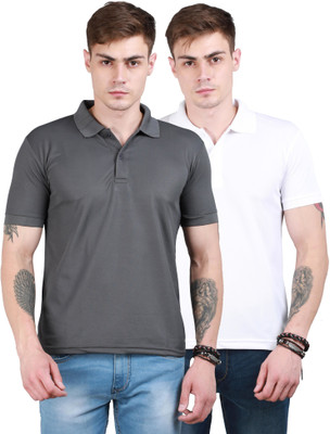 OZIO Solid Men Polo Neck White, Grey T-Shirt