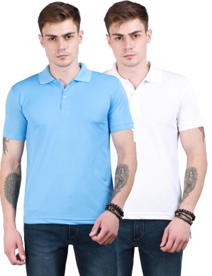 FLYBOX Solid Men Polo Neck White, Blue T-Shirt