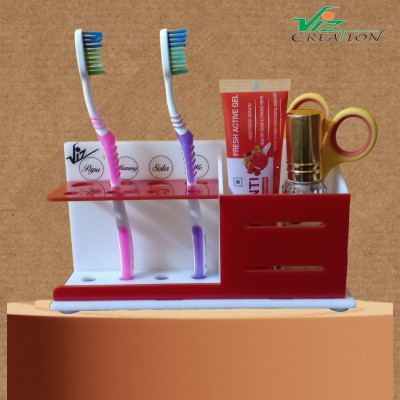 Viz Creation Viz Creation Acrylic Toothbrush / Tongue Cleaner / Toothpaste Holder with Wall Mounted & Counter top Design Unique idea Separate Brush with Name Family Member (Papa-Mummy- Sister-Me) Acrylic Toothbrush Holder(White, Red, Wall Mount)
