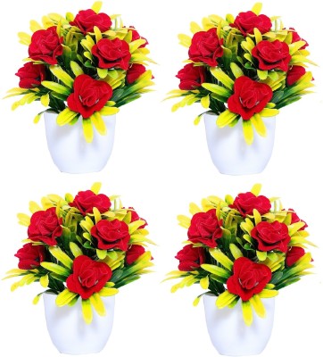 NERAPI Super Simulated Beautiful Design Love Red Roses Set Red Rose Artificial Flower  with Pot(7 inch, Pack of 4, Flower with Basket)