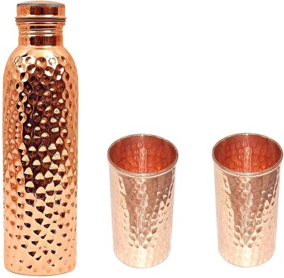 METAL MISSION opper Tamba Hammered Bottle (1 L) with Copper Hammered 2 Glass (300 ml) Set of 3 1000 ml Bottle(Pack of 1, Brown, Copper)