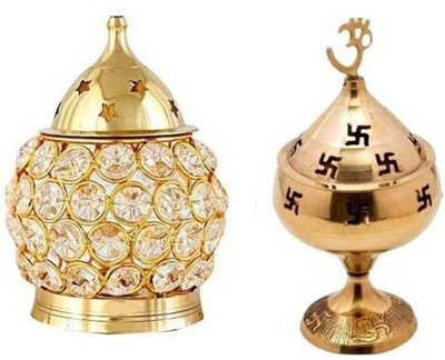 Fashion Bizz Brass Akhand Crystal Diya And Om Shaped Diya Set of 2 Pcs Brass (Pack of 2) Table Diya Set(Height: 5 inch)