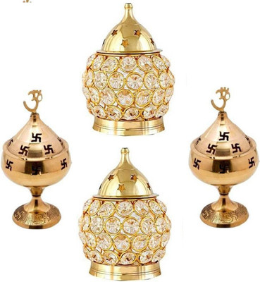 Fashion Bizz Combo of 2 Brass Akhand Diya And 2 Om shaped Akhand Diya Brass (Pack of 4) Table Diya Set(Height: 5 inch)