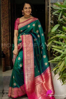 KRIYANSH Woven, Printed, Applique, Embellished Kanjivaram Cotton Blend, Jacquard Saree(Dark Green)