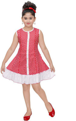 K.J. Creations Indi Girls Midi/Knee Length Casual Dress(Red, Sleeveless)