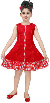 K.J. Creations Indi Girls Midi/Knee Length Casual Dress(Red, Sleeveless)