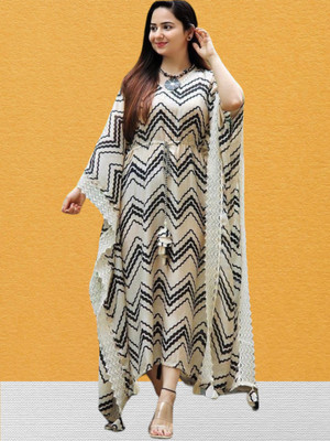 Wawlooks Women Geometric Print Flared Kurta(Black, Beige)