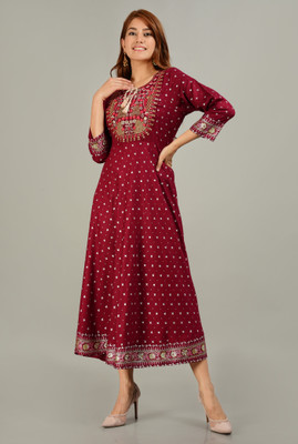 ALEX DESIGN Women Embroidered Flared Kurta(Maroon)